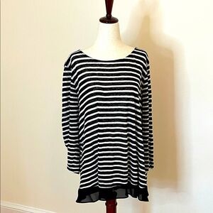 Lauren Ralph Lauren Linen Striped Tunic Top XL Black White Ruffle Hem